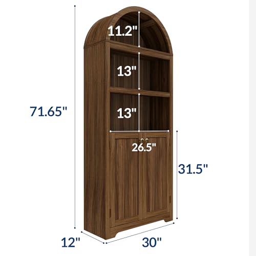 GAOMON 72'' Tall Arched Cabinet, 5 Tier Arched Bookshelf with Double Doors & Adjustable Shelf, Wooden Bookcase with Storage for Living Room, Bedroom, Study, Kitchen, Home Office, Walnut Color