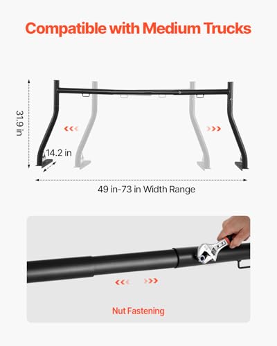 Image of VEVOR Truck Ladder Rack, 49-73 in Width, Extendable Universal Cargo Rack, Heavy Duty Steel with 800 lbs Static Load Capacity, Ideal for Canoes, Surfboards, Ladders, Lumber, Tents, and Large Cargo