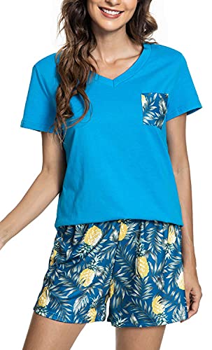 heekpek Pijamas Mujer Verano Algodon Conjunto Pijama Manga Corta Casual Ropa de Casa con Estampado de Rayas Piña y Limón Camiseta y Pantalones Cortos Pijama Dos Piezas