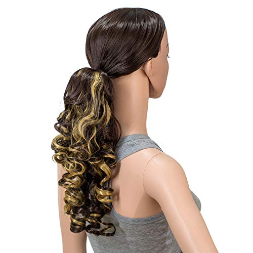 SWACC 12-Inch Short Screw Curls Claw Clip Ponytail Extensions Synthetic Clip in Drawstring Curly Ponytail Hairpiece Jaw Clip Hair Extension (Dark Brown Strawberry Blonde Highlights-4H27)