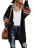 AlvaQ Women's Cardigans Long Sleeve Open Front Rainbow Striped Color Block Loose Casual Womens Oversized Cardigan Ladies Long Lightweight Knit Outwear Coat Jacket Sweaters Black M UK 10 12
