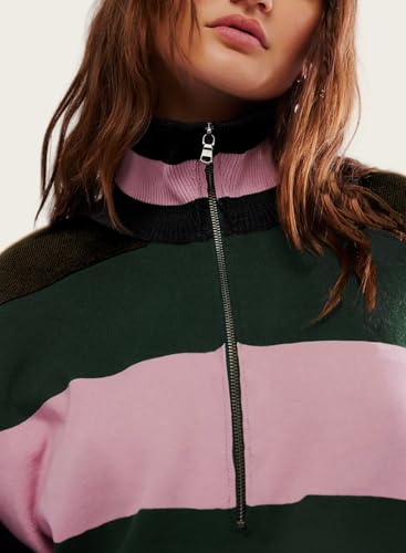 Image of Womens Striped Sweater Quarter Zip Sweater Drop Shoulder V Neck Y2k Pullover Sweaters