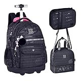 Kit Mochila de Rodinhas Lancheira Térmica e Estojo Rebecca Bonbon Estampa Holográfica Nylon RB24586 (Preto)