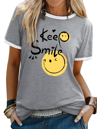 Dresswel Womens T-Shirt Cute Keep Smile Tshirts Funny Face Graphic Print Tee Shirts Summer Tops