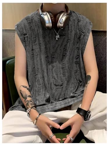 Men's Distressed Ripped Tank Top Crewneck Sleeveless Tank Tops Summer Clothes Streetwear3