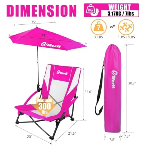 Image of EMERIT Low Beach Chairs for Adults with Removable UPF 50+ Umbrella, Lightweight Folding Backpack Camping Chair with Cup Holder, Portable Sand Chair for Beach, Picnic, Lawn