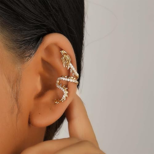 Gothic Gold Dragon Ear Cuff - Crystal Dragon Cuff Crawler Earring - Punk Metal - Cz Rhinestone - Animal Non-Piercing Earring - Women's Jewelry2