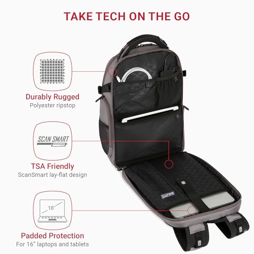 Image of SwissGear Travel Tech Elite Laptop Backpack - Fits Laptops up to 16 inch - ScanSmart TSA-Friendly Backpack with USB Port, Shoe Compartment & Organizer Pockets - Grey Ballistic
