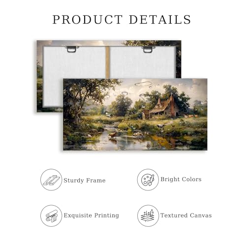 crmotu Large Wall Art for Living Room, Farm Landscape Canvas Painting, Riverside Forest Cottage Scenery Art Prints, Animal Cow Sheep Modern Farmhouse Bedroom Bathroom Pictures Wall Decor 30"X60"