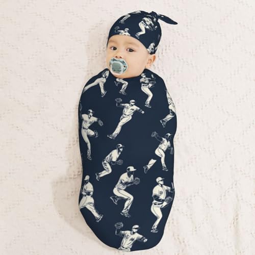 Image of Cartoon Baseball Players Newborn Swaddle Blankets Hat Sets Soft Baby Receiving Blanket Swaddle Sack for Baby Shower Infant Boy Girl Gift