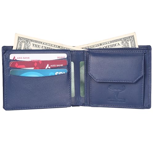 Genuine Leather Wallet for Men | Bi-Fold RFID Blocking Wallet Handcrafted I Multiple Credit/Debit Card Slots…, Blue X, Casual2
