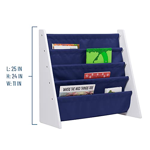 Wildkin Kids Canvas Sling Bookshelf For Boys And Girls, Wooden Design Features Four Fabric Shelves, Keep Bedrooms, Playrooms, And Classrooms Organized, Measures 25 X 24 X 11 Inches (White W/ Blue) #TOP3