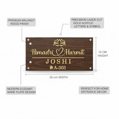 Image of Personalized Wooden Name Plate for Home Door Custom MDF Family Name Board with Golden Acrylic Design