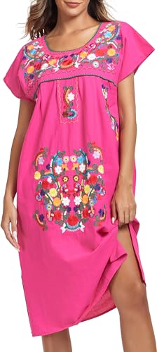 Image of YZXDORWJ Women Mexican Embroidered Long Dress Ruffle Collar Maxi Boho Floral Summer Short Sleeve