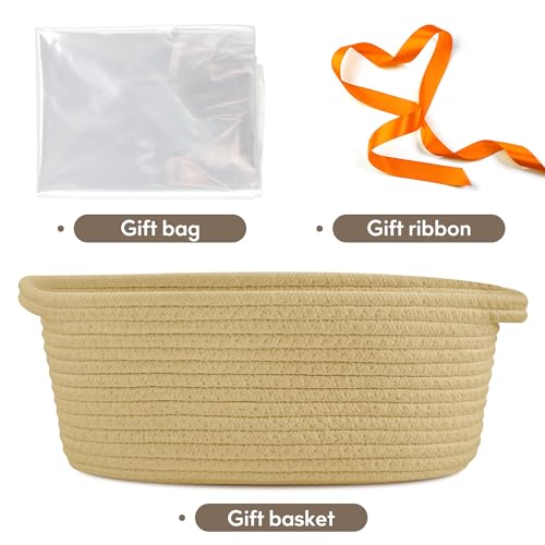 Pro Goleem Small Woven Basket with Gift Bags and Ribbons Durable Baskets for Gifts Empty Small Rope Basket for Storage 12"X 8" X 5" Baby Toy Basket with Handles, Khaki