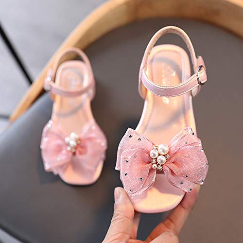 Children Sandals Soft-Soled Princess Shoes Slippers Pearl Children Non-Slip Bowkont Flat Girl's Shoes (Pink, 6-7Years)2