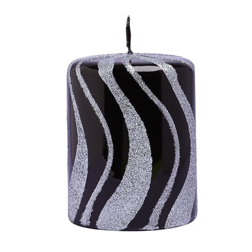 Image of Black and Silver Spiral Glitter Glass Effect Reflecting Gloss Pillar Candles (Small Pillar)