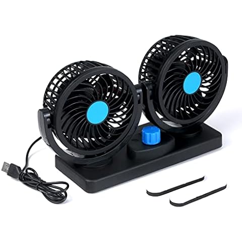 YALIDA 12V Dual-head USB Fan 360 Degree Rotating Desk Fan 6.5W Powerful Air Circulator Fan with 2 Speed Settings 3.28ft USB Cord for Car Truck Office Bedroom, Black and Blue Cover