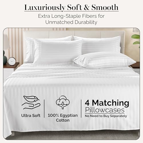 Casa Platino 100% Egyptian Cotton Sheets California King Size Set - 6 Pieces - Damask Stripe- Smooth Sateen Weave Bed Sheets, 15" Deep Pocket - Pure White Sheet Set
