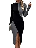 SOLY HUX Women's Color Block Split Hem Sweater Dress Mock Neck Long Sleeve Bodycon Pencil Midi Dresses Black and Grey M