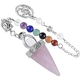 Pendule Divinatoire Quartz Rose Naturel: Double Utilisation - En raison de la chaîne courte amovible, vous pouvez à la place le transformer en un collier à longue chaîne. Nous vous avons fourni la chaîne collier supplémentaire. Non seulement utilisé comme outil de divination - pendule radiesthésie chakra reiki, peut également être utilisé comme guérison collier Quartz Rose pendentif pierre protection pour femme homme.