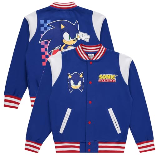 Sonic The Hedgehog Boys Snap Varsity Jacket - Kids Letterman Jacket with Embroidered Patches - Cool Varsity Jackets Made w Polyester Fabric - Stylish Snap Button Kids Letterman Jackets (Medium) Blue