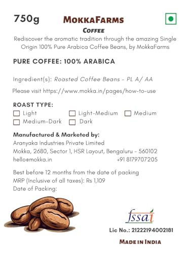 Image of MOKKAFARMS 100% Pure Arabica Roasted Coffee Beans 750 Gram | Dark Roast, Fresh Single Origin Coffee | Plantation A /Aa Bean | Rich Flavorful Aromatic | Farm To Fork | One Way Valve /Zip-Lock Bag
