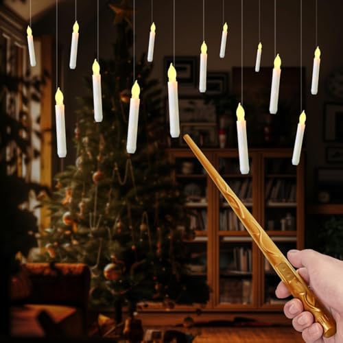 Image of Raycare 20 Pcs Floating Candles with Wand, Magic Hanging Candles Flameless, Flickering LED Taper Candle with Wand Remote, Warm Light, Battery Operated Window Candle for Halloween Witch Wizzard Decors