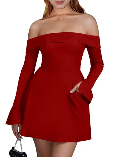 BEAGIMEG Women's Sexy Long Sleeves Off Shoulder A-Line Club Party Mini Dress red