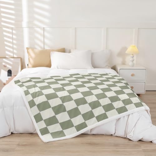 Image of Erosebridal Plaid Throw Blanket 40 inchX50 inch Beige Sage Green Checkerboard Sherpa Blanket Geometric Checkered Fleece Bed Blanket for Kids Boys Girls, Aesthetic Grid Flannel Blanket