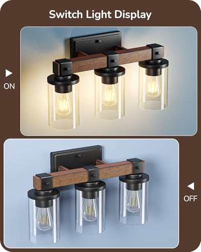 Image of EDISHINE Farmhouse 3-Light Wall Sconce, Bathroom Vanity Lights Over Mirror | Clear Glass Shades, Wood Grain Paint, E26 Standard Medium Base, Vintage & Elegant Design for Vanity Table, Living Room