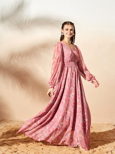 Image of Miss Chase Women's Multicolored-Base-Brown Relaxed Fit Maxi Lurex Chiffon Dress