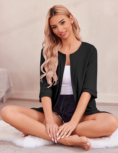 Ekouaer Zip Up Robes for Women Short Waffle Bathrobe Lightweight Knee Length Housecoat with Pockets Nightgown S-3XL4