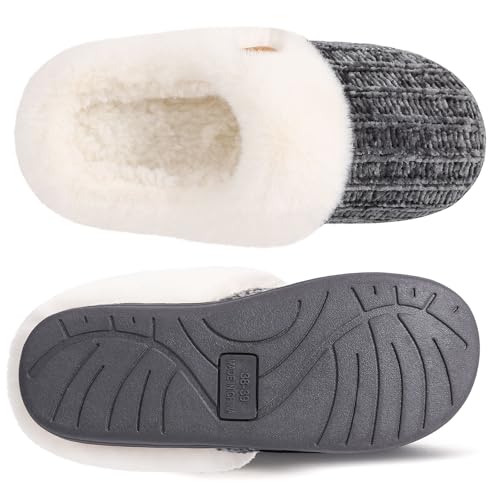 Image of Evshine Warm Knit House Slippers for Women Comfy Wool-Like Lined Chenille Slippers with Memory Foam and Indoor Outdoor Soles