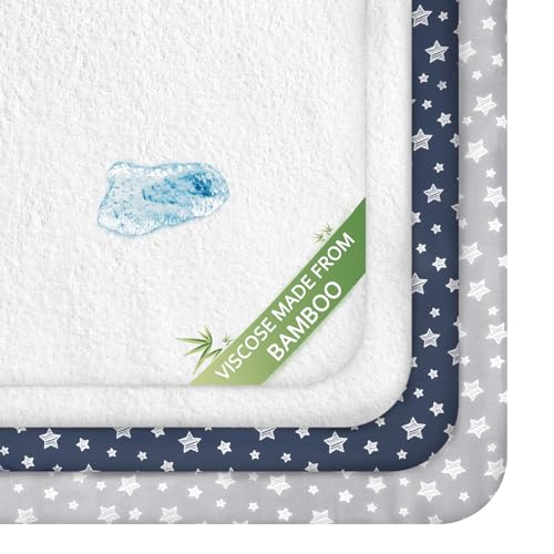 Image of Crib Sheets & Waterproof Crib Mattress Protector for Boys 4 Pack Set, Viscose, Waterproof Crib Sheets Mattress Pad Cover, Grey & Navy
