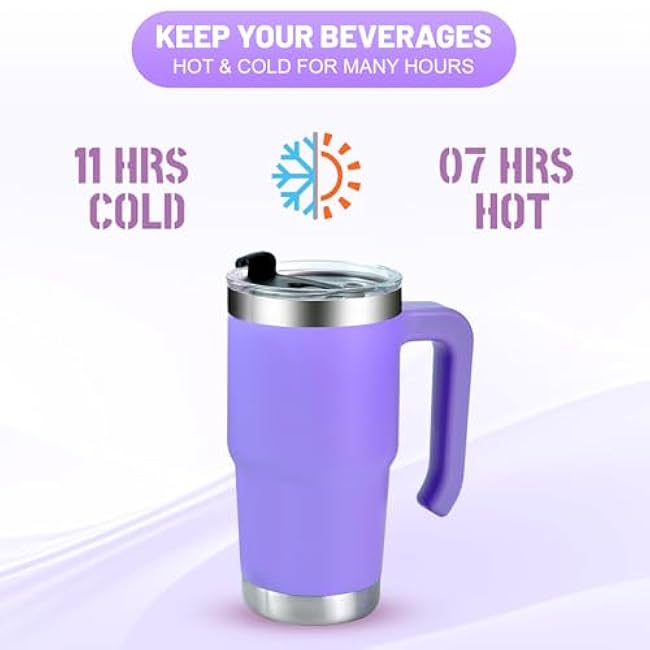 16 oz Stainless Steel Vacuum Travel Mug with Handle and Straw, Insulated Reusable Coffee Cup that Keeps Drinks Warm For Hours (purple cup)