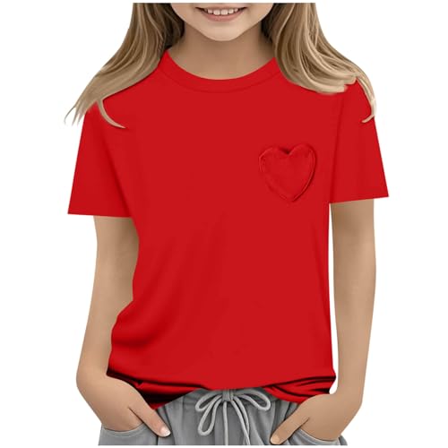 Girls Short Sleeve T-Shirts Solid Color Basic Tee Tops Summer Cute Love Pocket Casual Tshirts