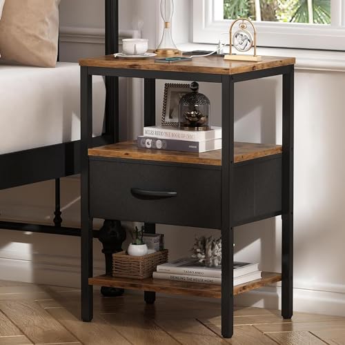 Mesita de Noche con Estación de Carga, Mesa de Noche para Recamara con 1 Cajones, Mesa De Noche Vintage para Sala O RecáMara, Buro Minimalista para...