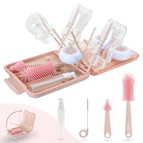 JLULLIFANT - Set Escurre Biberones con Limpia Biberones - 6 en 1 Kit Cepillo Limpia Biberones con escurre biberones Plegable - Portatil - Transportable - Regalo para Bebe - SIN BPA - Rosa