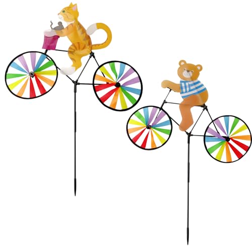 Jremreo 2 Pack 20 Inches Animal Bike Spinners Decoration, Colorful Cat and Bear Pinwheels with Stakes, Windmill Wind Spinner for Yard Garden Lawn,...