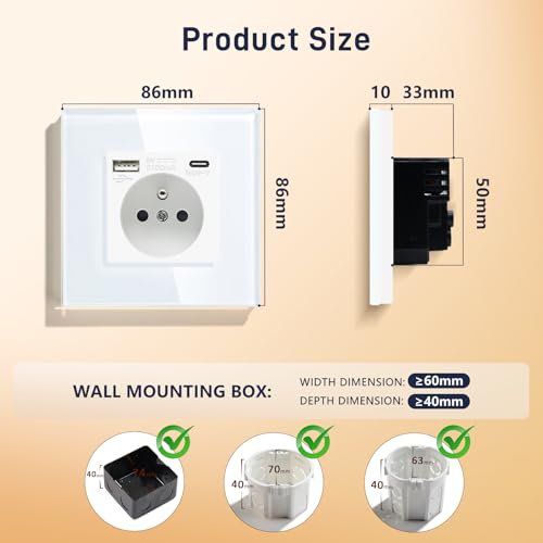 BSEED Prise Murale avec USB et 1 Type C,16A Prise de Courant Alternatif avec Panneau en Verre,Multiprise Murale Max 2.1A,Convient au Smartphone, à la Tablette (Blanc) – vue 2