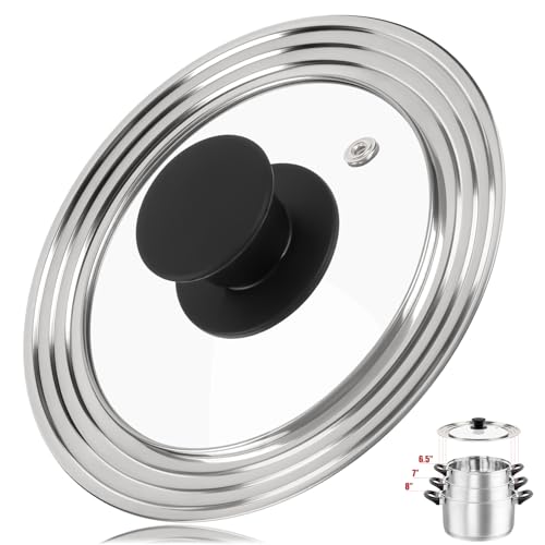Universal Lid for Pots, Pans and Skillets, Fits 6.5, 7 and 8 Inch Cookware, Replacement Frying Pan Cover with Tempered Glass Top, Stainless Steel Cast Iron Skillet Lids - Heat Resistant Handle