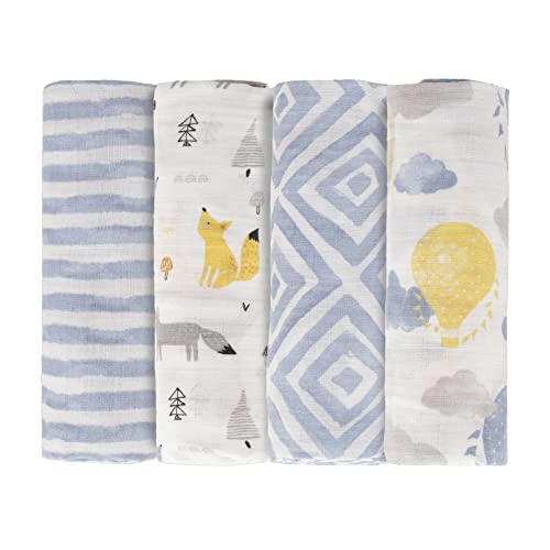 Image of Featherhead™ 100% Cotton Muslin Swaddle Blankets for Baby Boy - Large 47”x 47” - Pre-Washed, Soft, & Breathable - Newborn Essential & Perfect Baby Registry Gift (4 Pack - Blue Foxes)