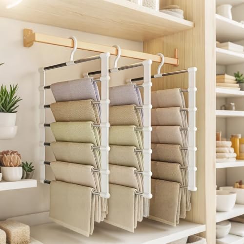 3 Stück Hosenbügel, 6 Etagen Edelstahl Kleiderbügel Hosen Platzsparend,Mehrfach Bügel Faltbare Kleiderbügel，Kleiderschrank Organizer für Aufhängen Von Hosen, Handtücher, Schals, Jeans, Krawatten