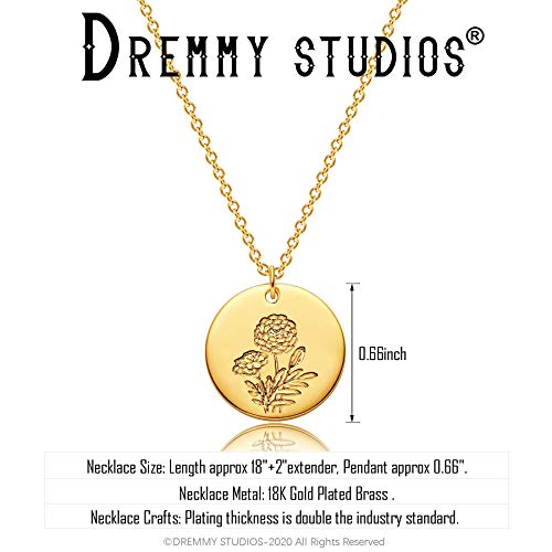 Dremmy Studios Birth Month Flower Pendant Necklace 18K Gold Plated Dainty Simple Month Birth Floral Disc Pendant Engrave Coin Necklace Minimalist Delicate Custom For Mom Daughter Gift For Her #TOP2