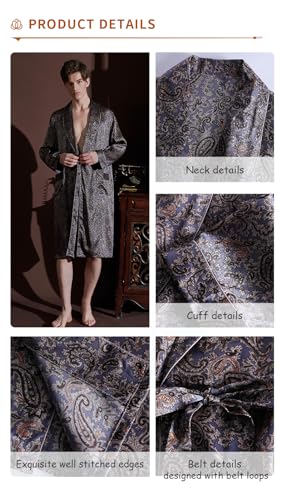 Men's 100% Mulberry Silk Long Robe Kimono Paisley Print Bath Robe, Heavy Silk 19 Momme Dressing Gown4