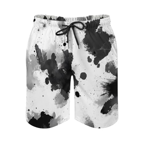 Tie-Dye Black and White Ink Jet Men's Swim Trunks Board Shorts Beachshorts Swimsuits with Pockets Mesh Liner3