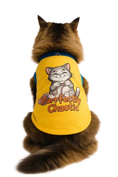 Image of Thunder Tails Printed Cat T-Shirt for Small to Large Cats & Kittens | Lightweight Breathable Cotton Pet Apparel | Cute & Stylish, Comfortable Round Neck Cat Clothes (L, Yellow)