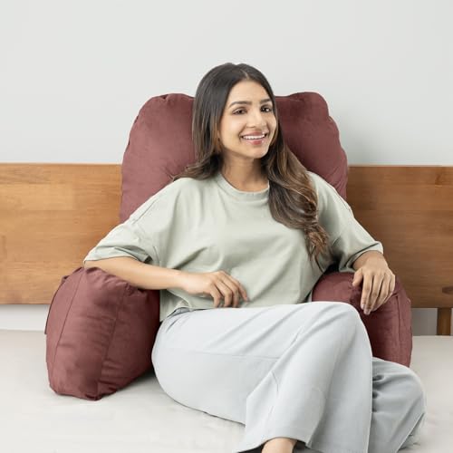 Image of Wakefit Backrest Reading Pillow for Bed | Reading Pillow with Support Arms | Comfortable Back Support for Reading /Working /Watching TV | Machine Washable Cover | Choco Brown