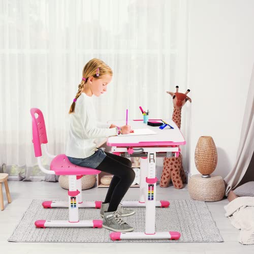 Clevich Kinderschreibtisch Höhenverstellbar, Kinder Schreibtisch und Stuhl Set mit Haken, Multifunktional Schülerschreibtisch Neigbare Tischplatte von 0-40° Schreibtisch Kinder für Zeichnen (Rosa)